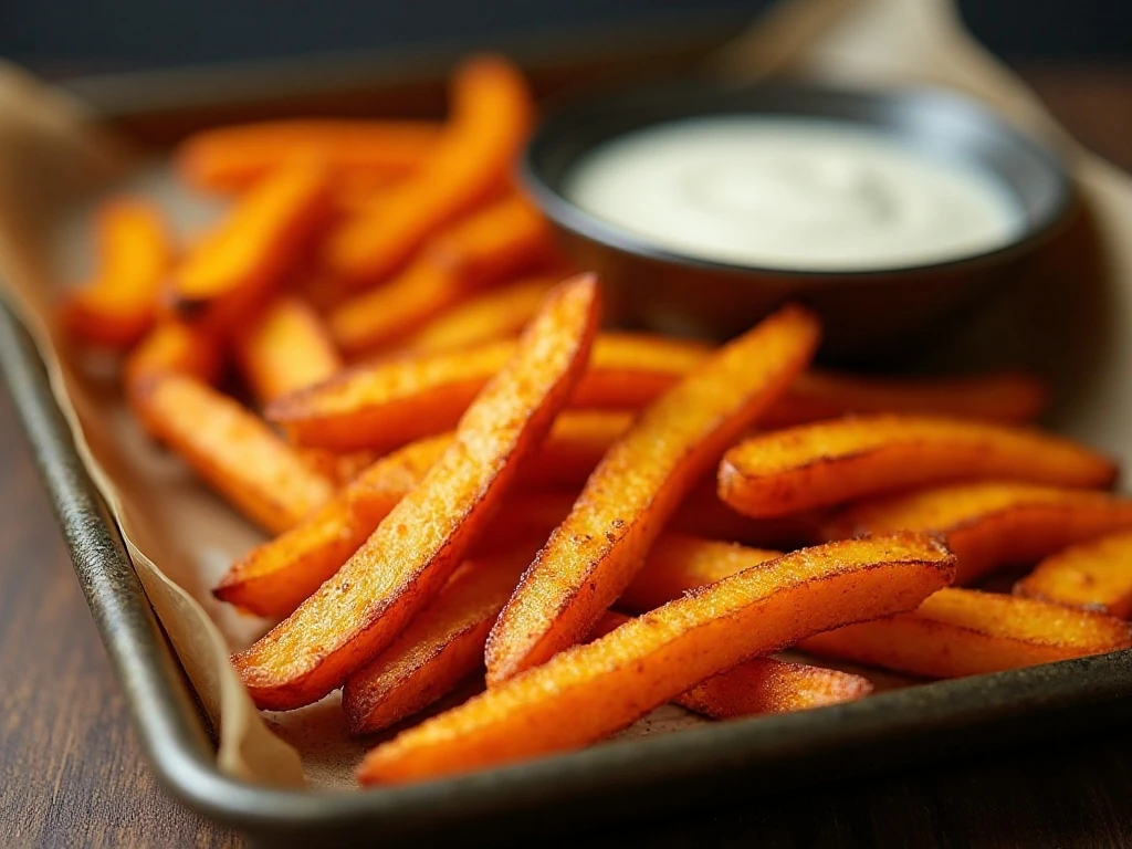 Sweet-potato fries being reheated on a baking sheet