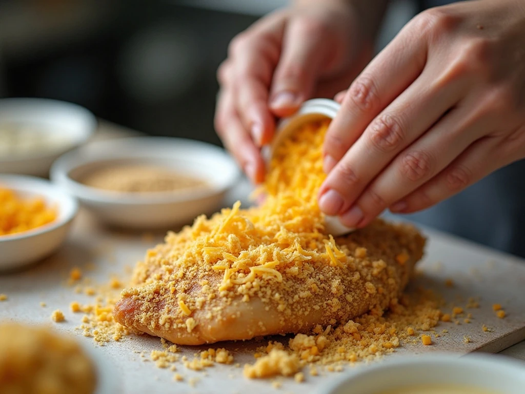 Coating chicken with cheddar and cracker crumbs