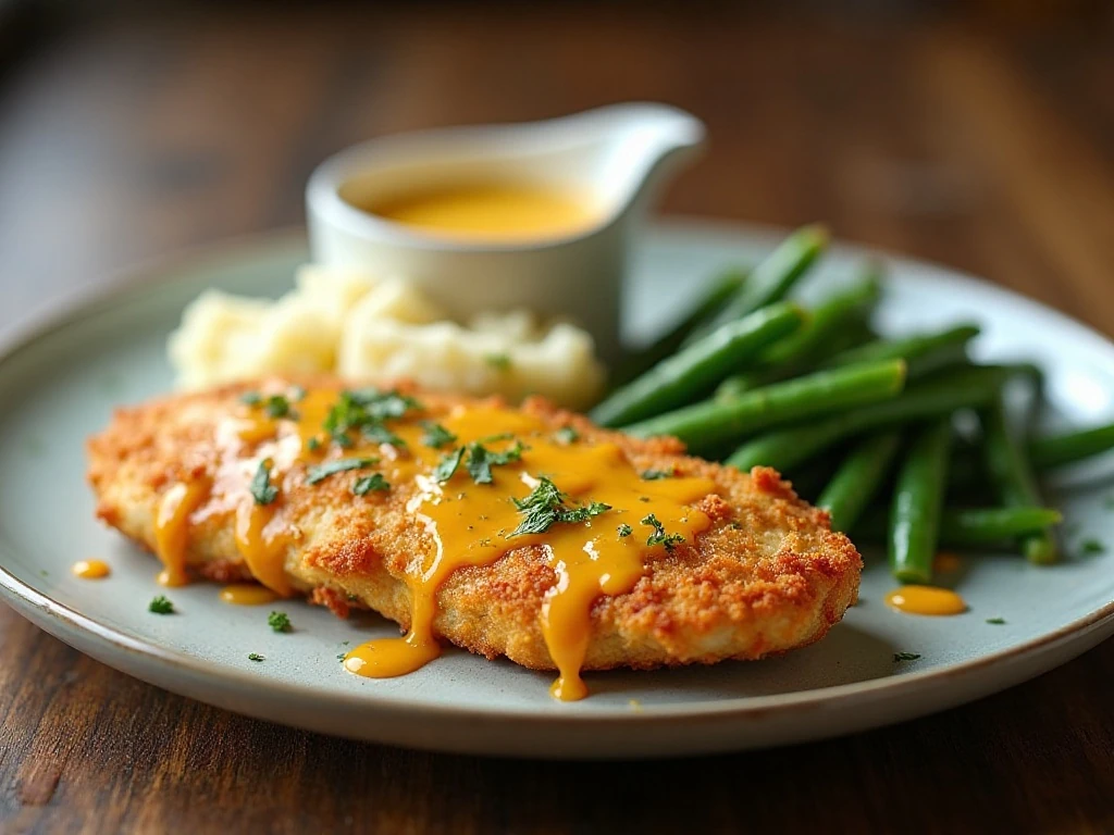 Crispy cheddar chicken dinner with side dishes