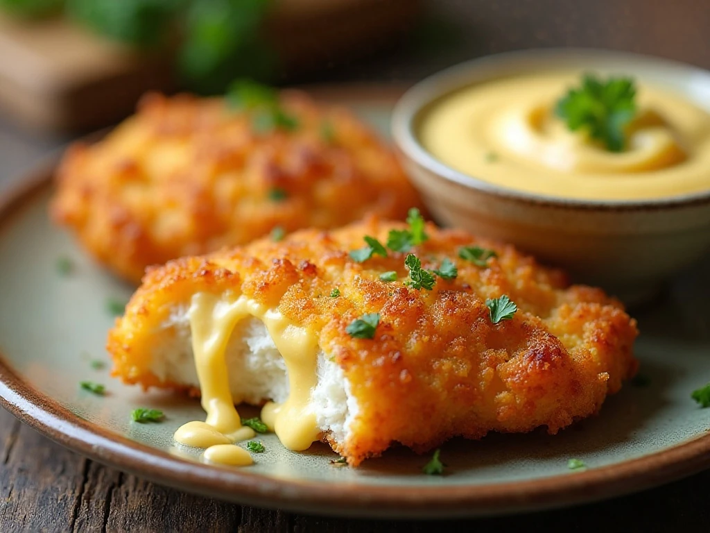 Close-up of crispy cheddar chicken texture