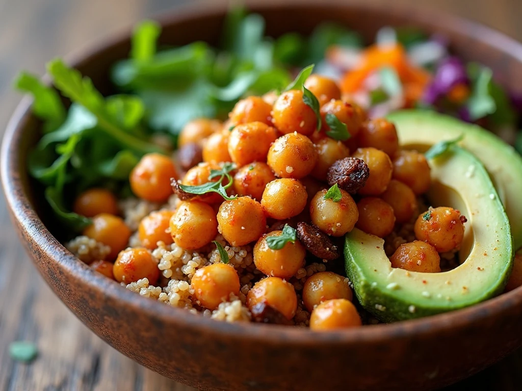 Crispy chili chickpeas served over a colorful grain bowl