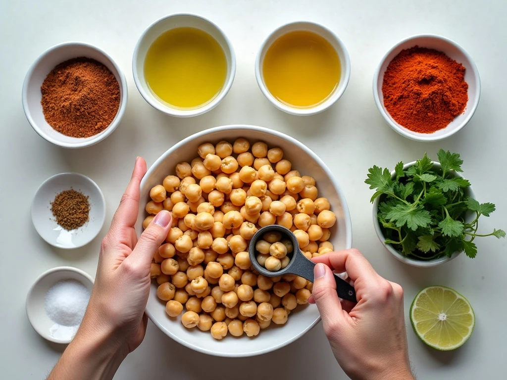 Ingredients for crispy chili chickpeas arranged on a counter