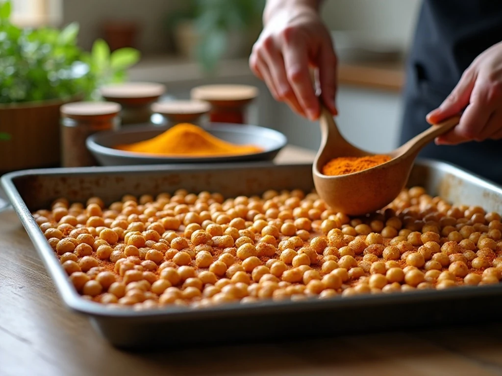 Seasoned chickpeas spread on a baking sheet before roasting