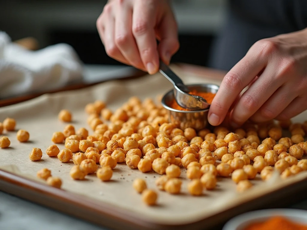 Dry chickpeas spaced apart on a baking sheet for crisp roasting