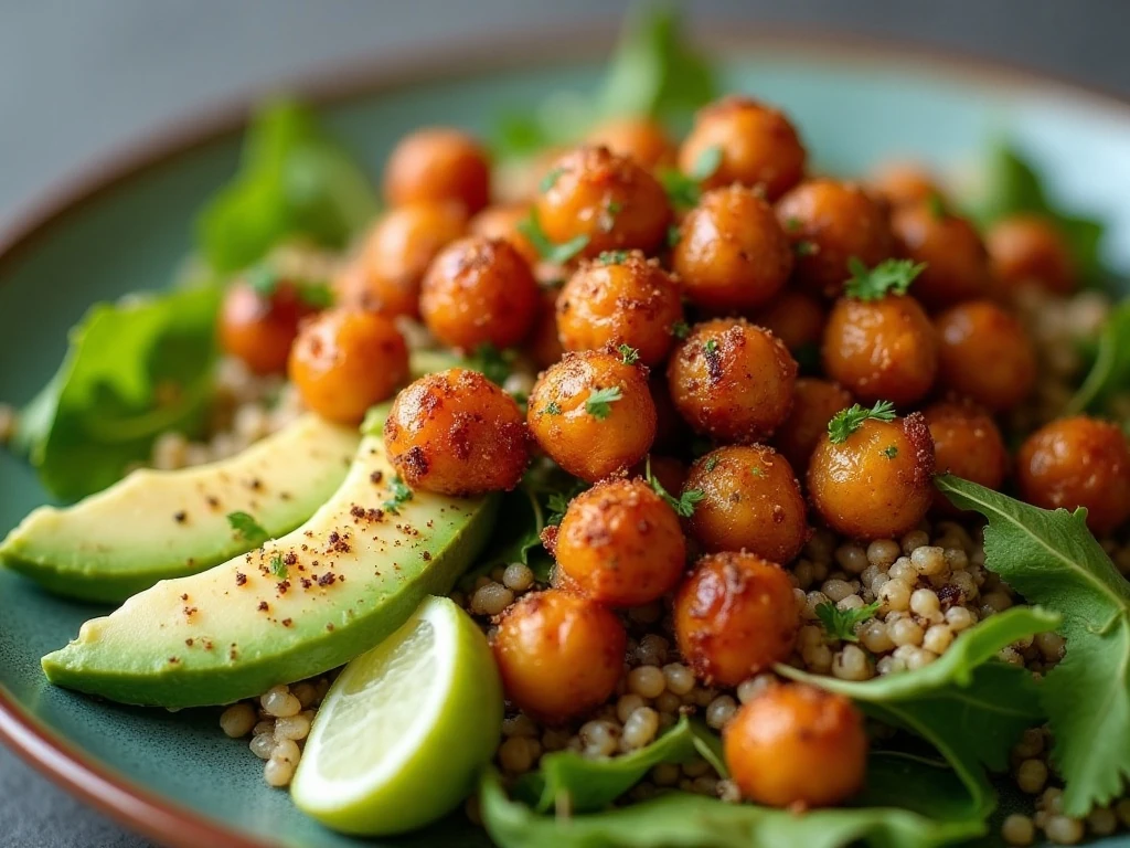 Close-up of crispy chili chickpeas used as a bowl garnish