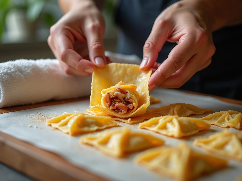 Folding and sealing bacon cheese wontons