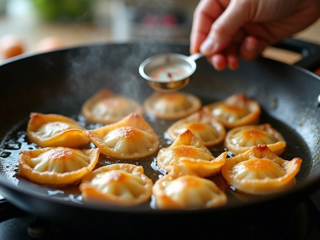 Wontons frying in hot oil until golden and crisp