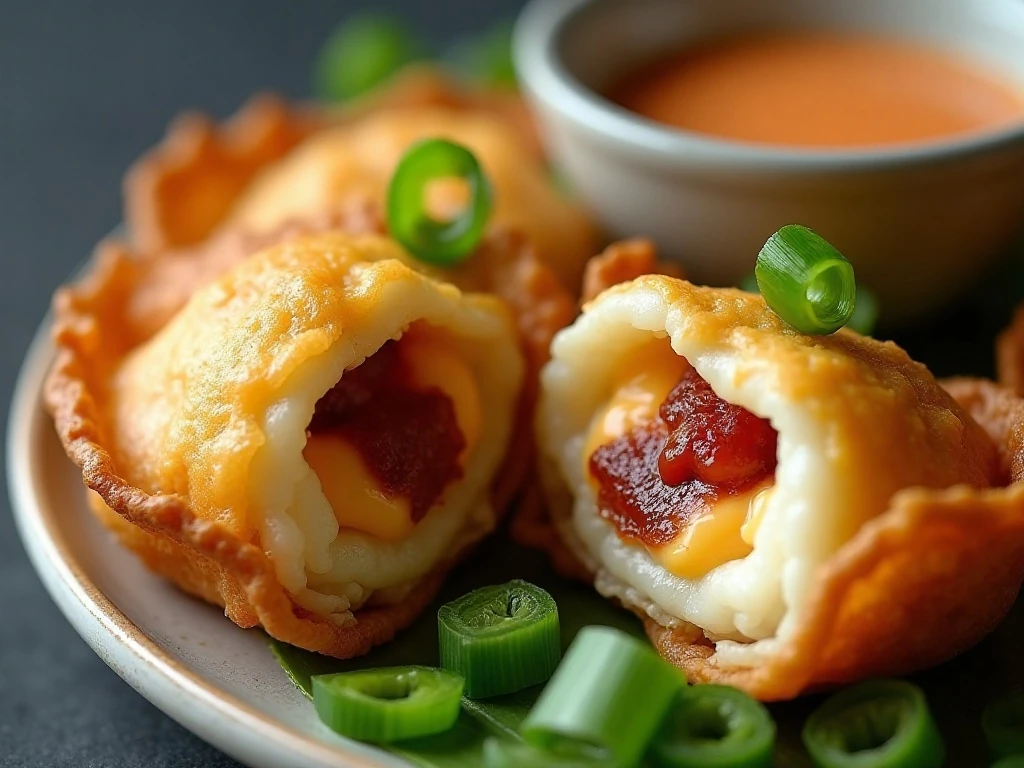 Close-up of creamy bacon cheese wonton filling