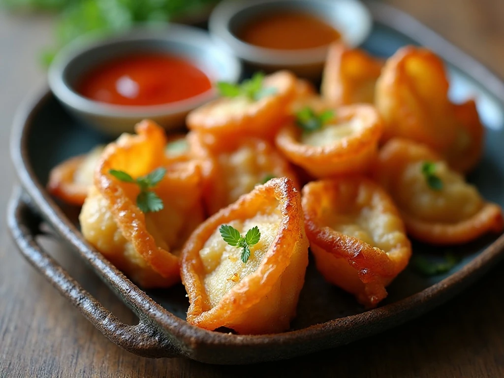 Bacon cheese wontons arranged for serving with dipping sauces