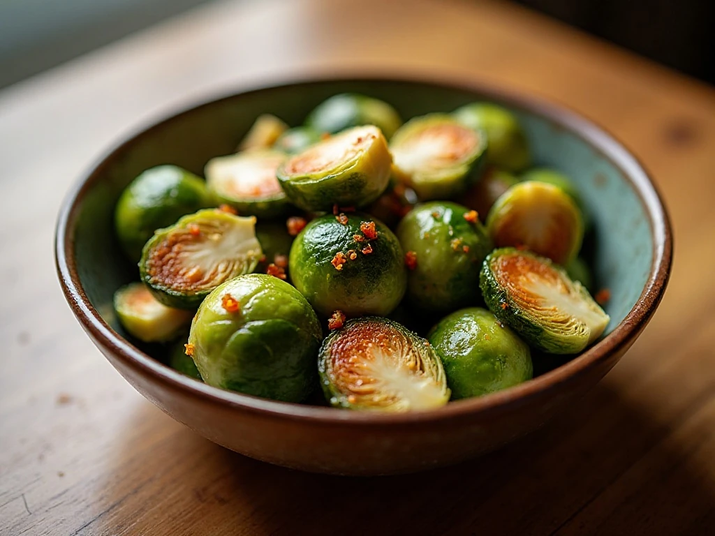 Crispy garlic sautéed Brussels sprouts served as a golden-brown side dish