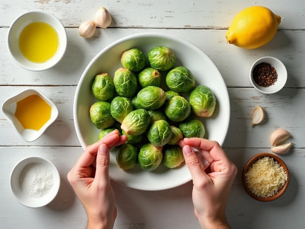 Ingredients for crispy garlic sautéed Brussels sprouts