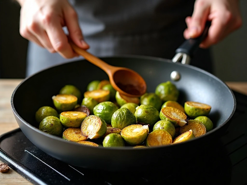 Brussels sprouts browning cut-side down in a skillet