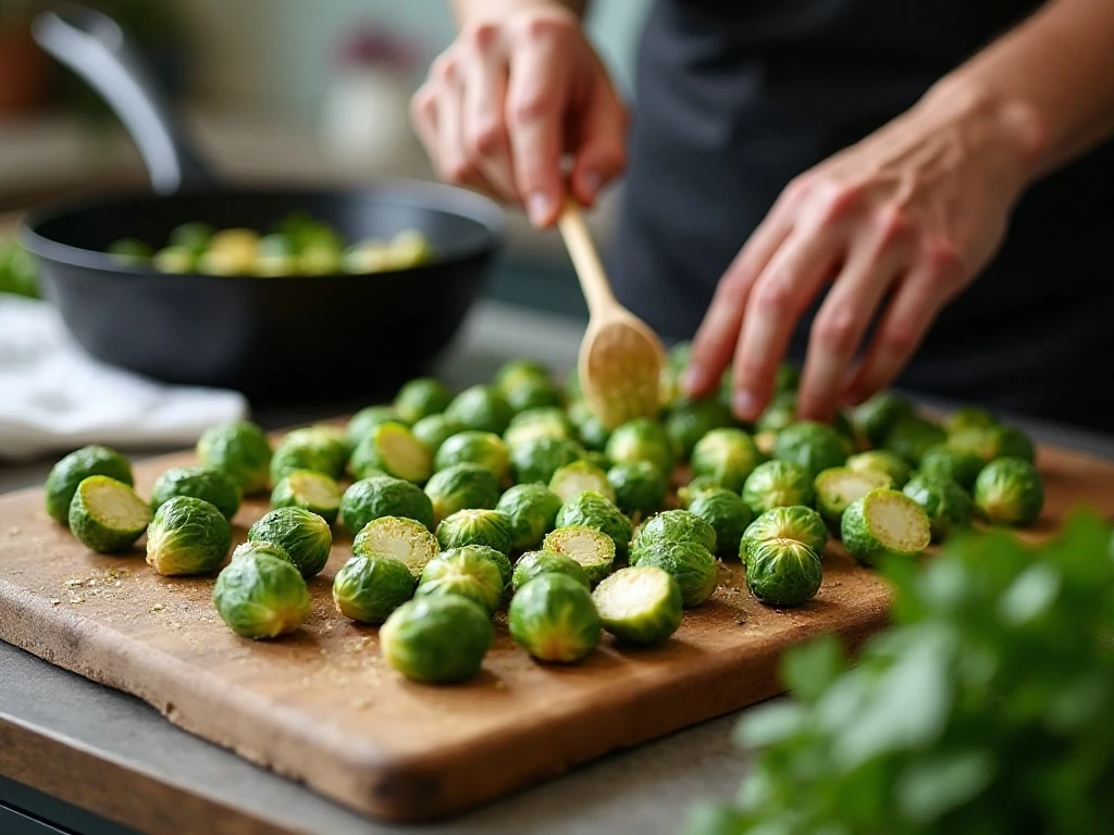 Dry Brussels sprouts prepared for crisp skillet browning