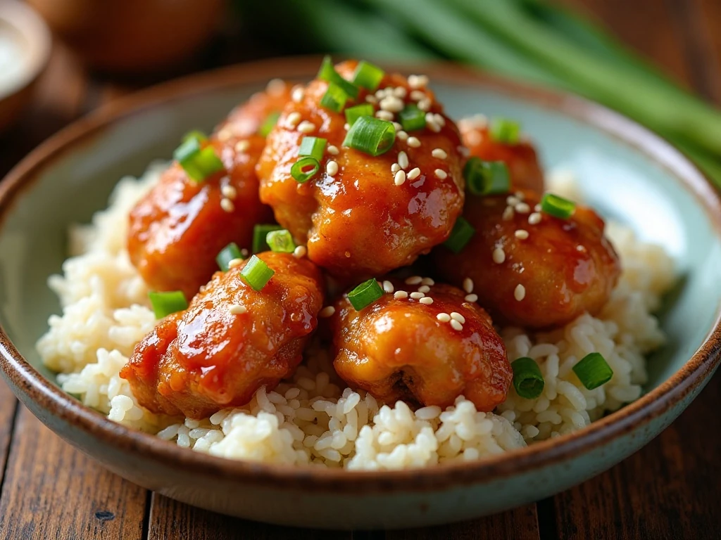 Crispy honey chicken served over rice with sesame seeds and green onions