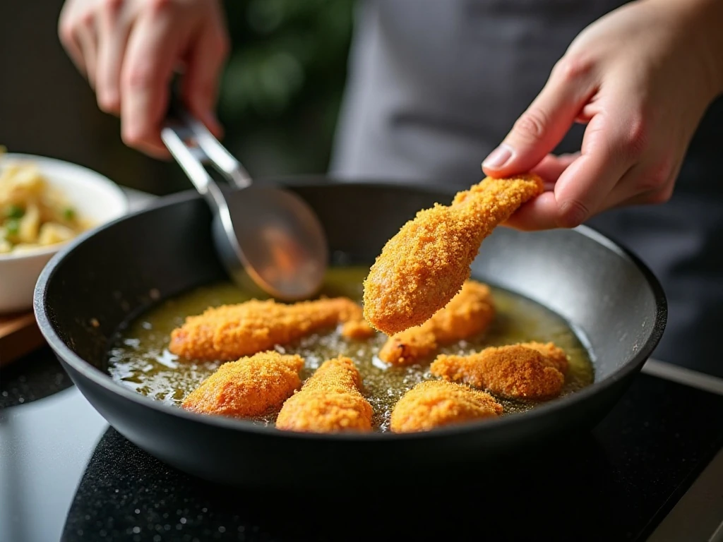 Chicken pieces frying in a shallow skillet for crispy honey chicken