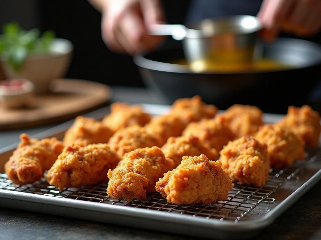 Golden chicken resting on a wire rack to preserve crispness