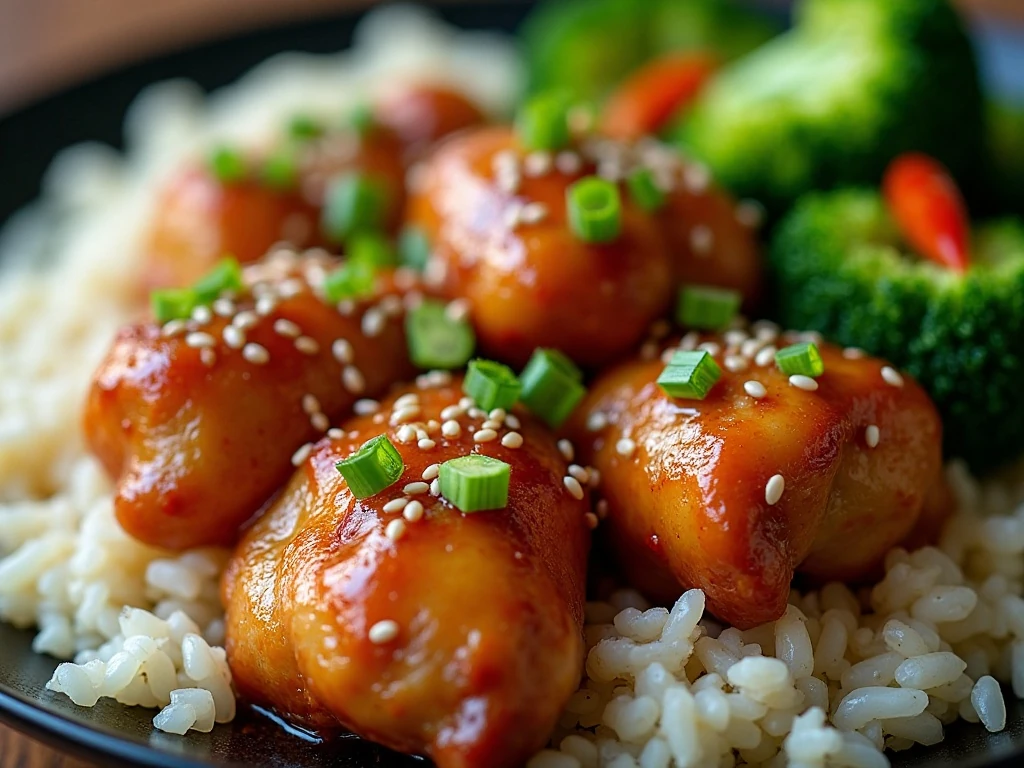 Honey chicken garnished with sesame seeds and green onions