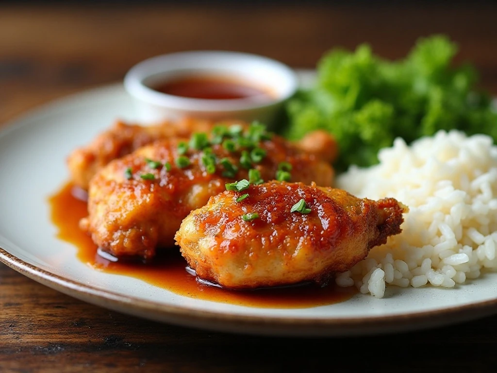 Crispy honey chicken served with rice and vegetables