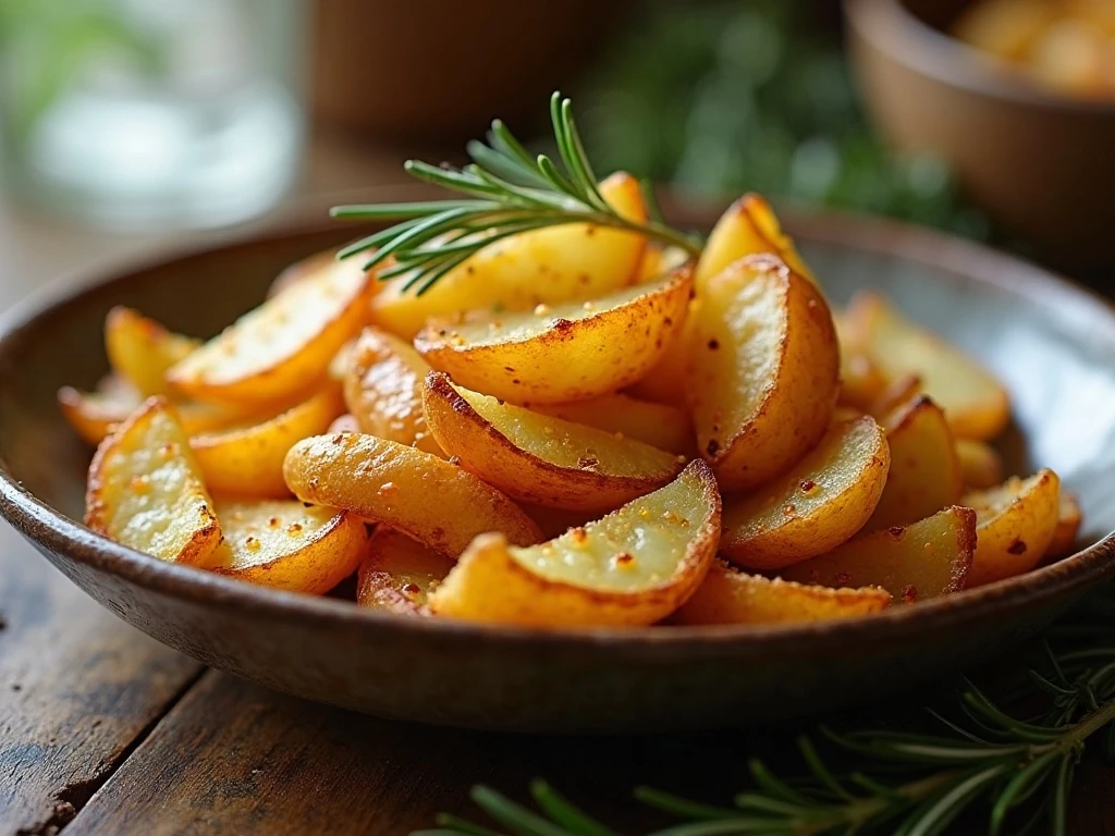 Golden crispy leaf potatoes arranged in overlapping rows