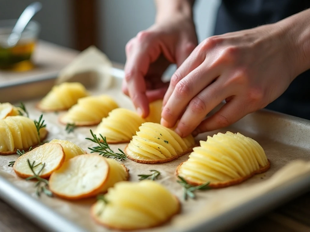 Thin potato slices arranged in leaf-like fans before roasting