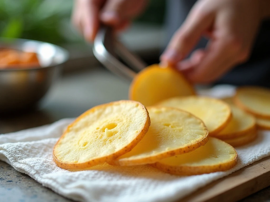 Thinly sliced potatoes being dried for crisp roasting