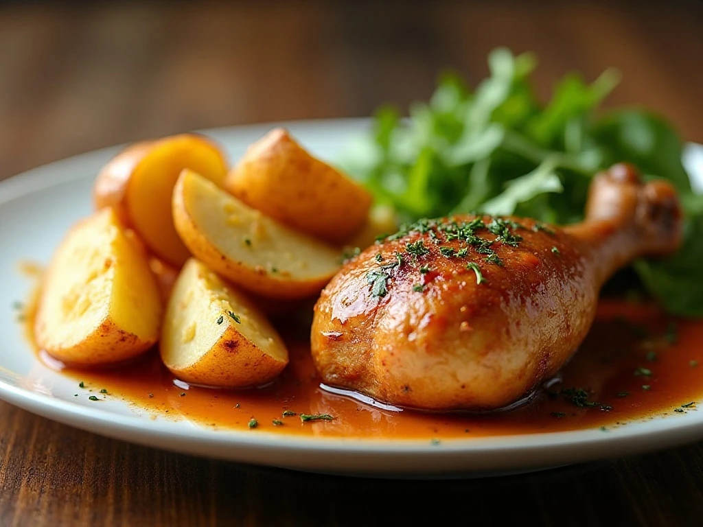 Crispy leaf potatoes served with roast chicken and salad