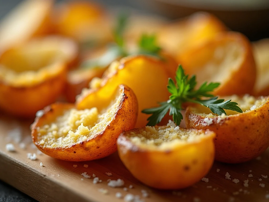 Close-up of crispy potato edges with parsley and Parmesan