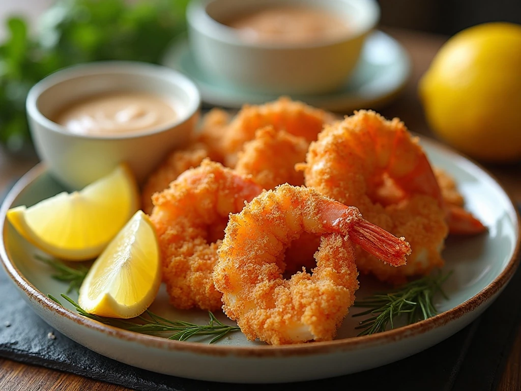 Golden crispy oven baked shrimp served with lemon wedges