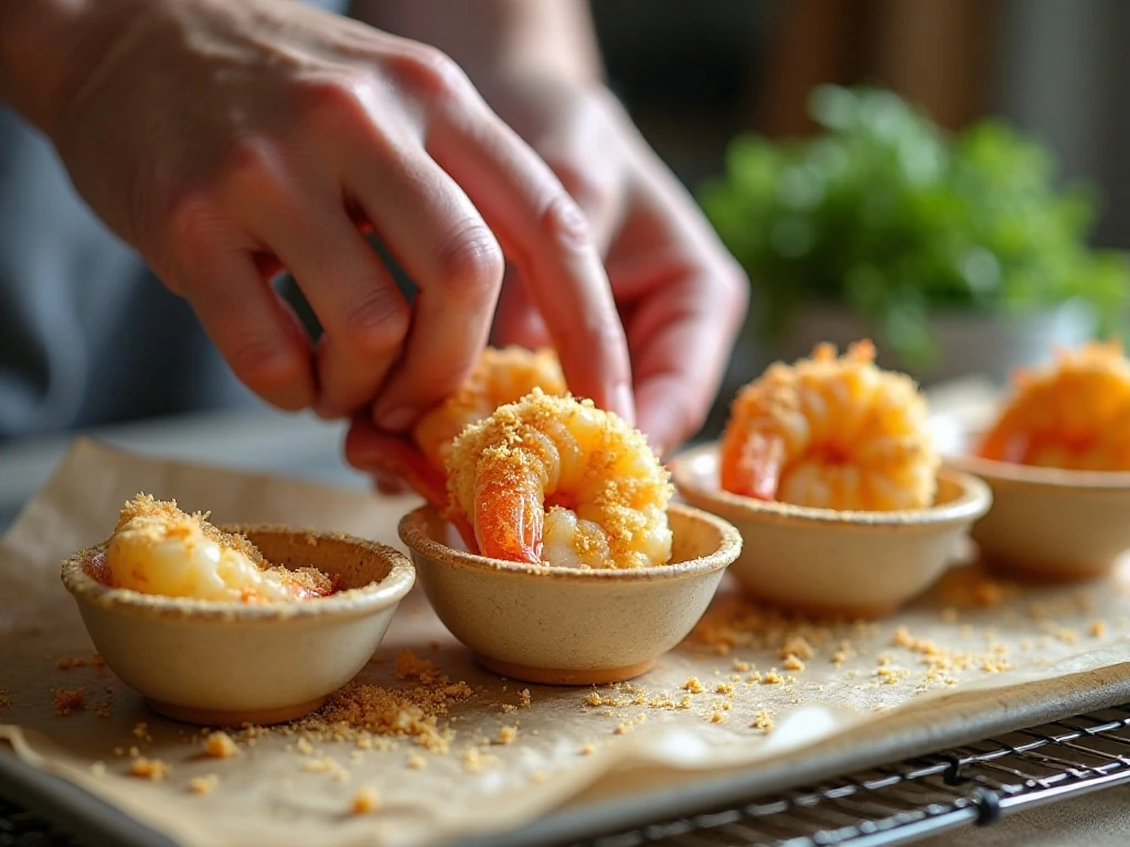Shrimp being coated in seasoned panko breadcrumbs