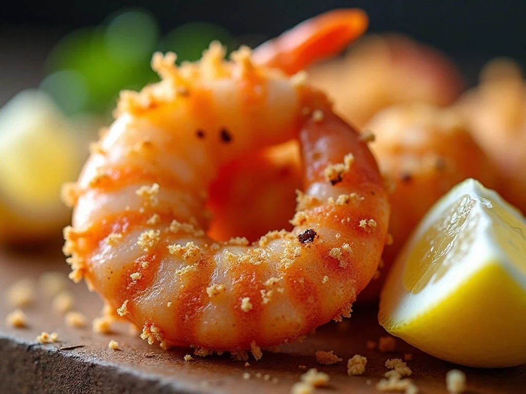 Close-up of the crunchy panko coating on baked shrimp