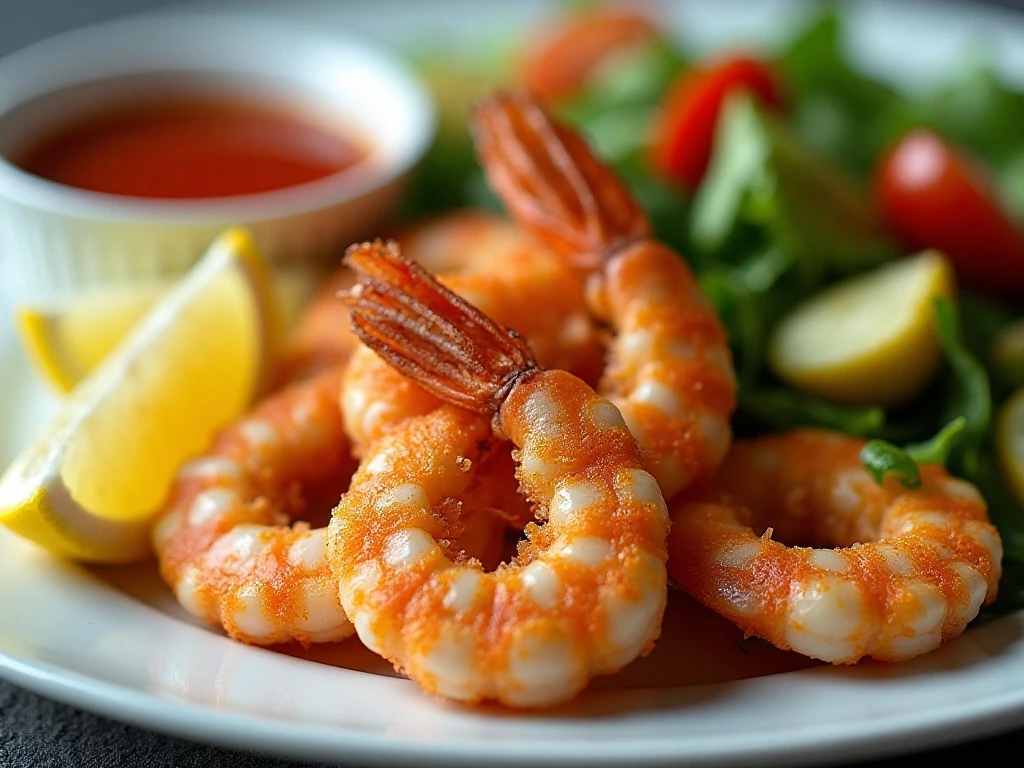 Crispy baked shrimp dinner with salad and dipping sauce
