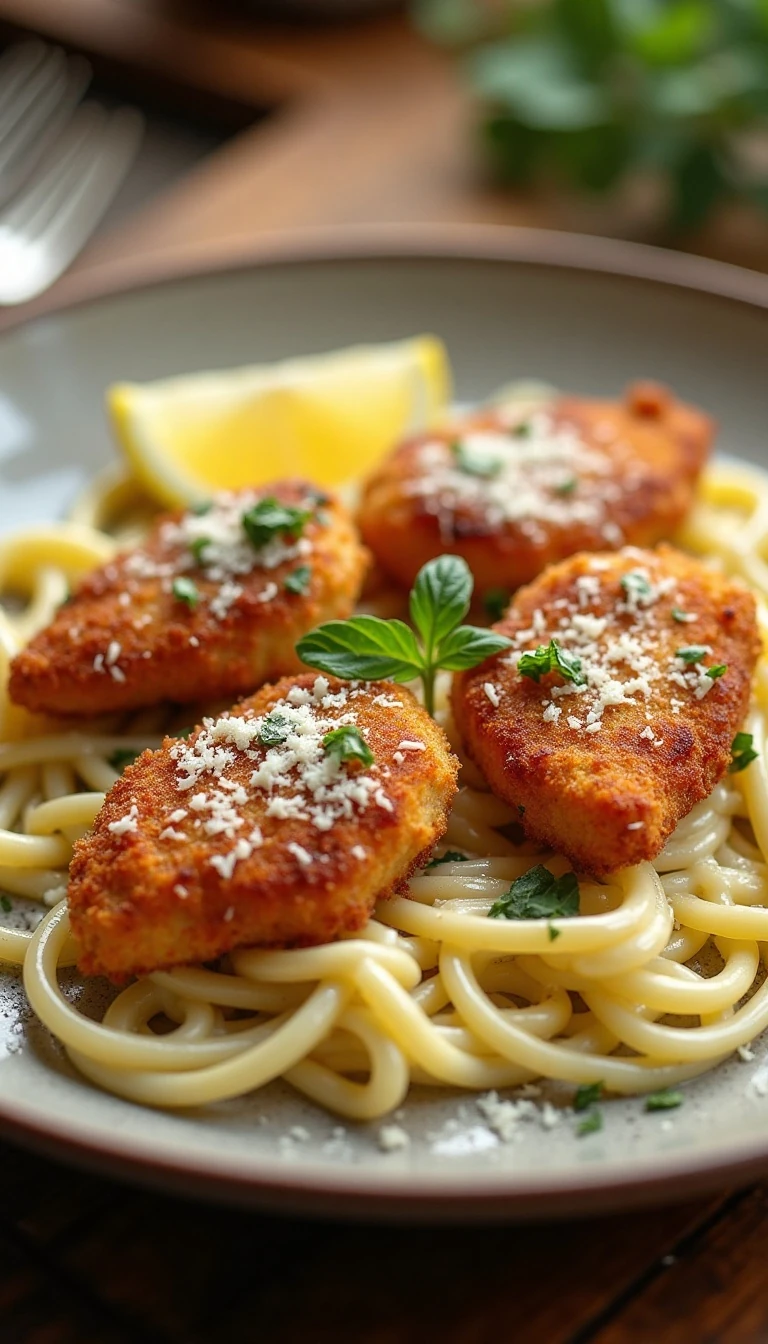 Crispy Parmesan Chicken with Creamy Lemon Garlic Pasta Recipe