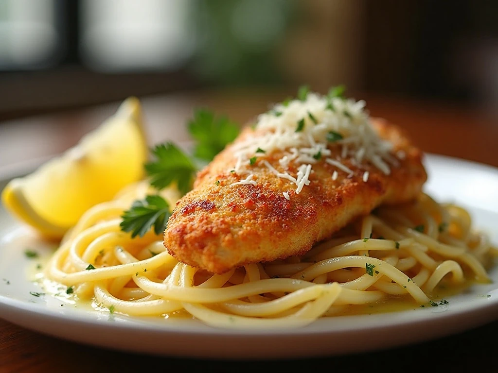 Crispy Parmesan chicken served with creamy lemon garlic pasta