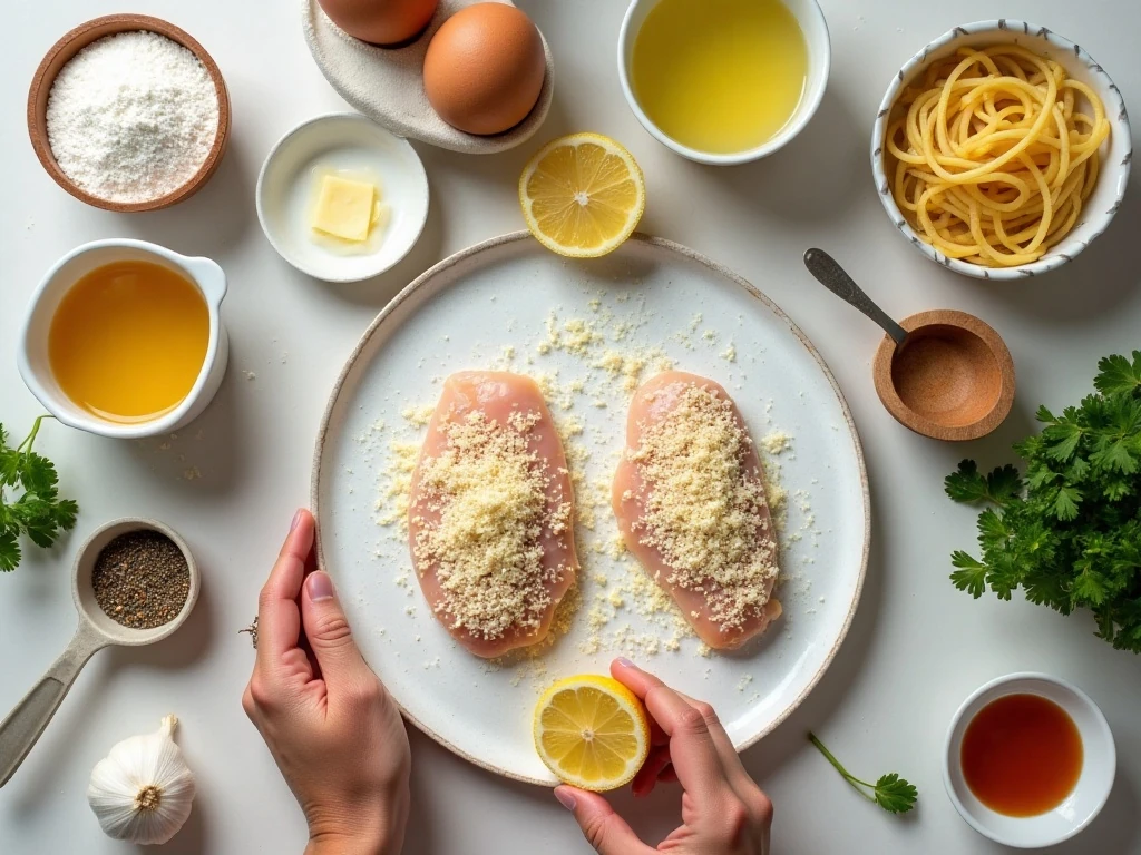 Ingredients for crispy Parmesan chicken with creamy lemon garlic pasta