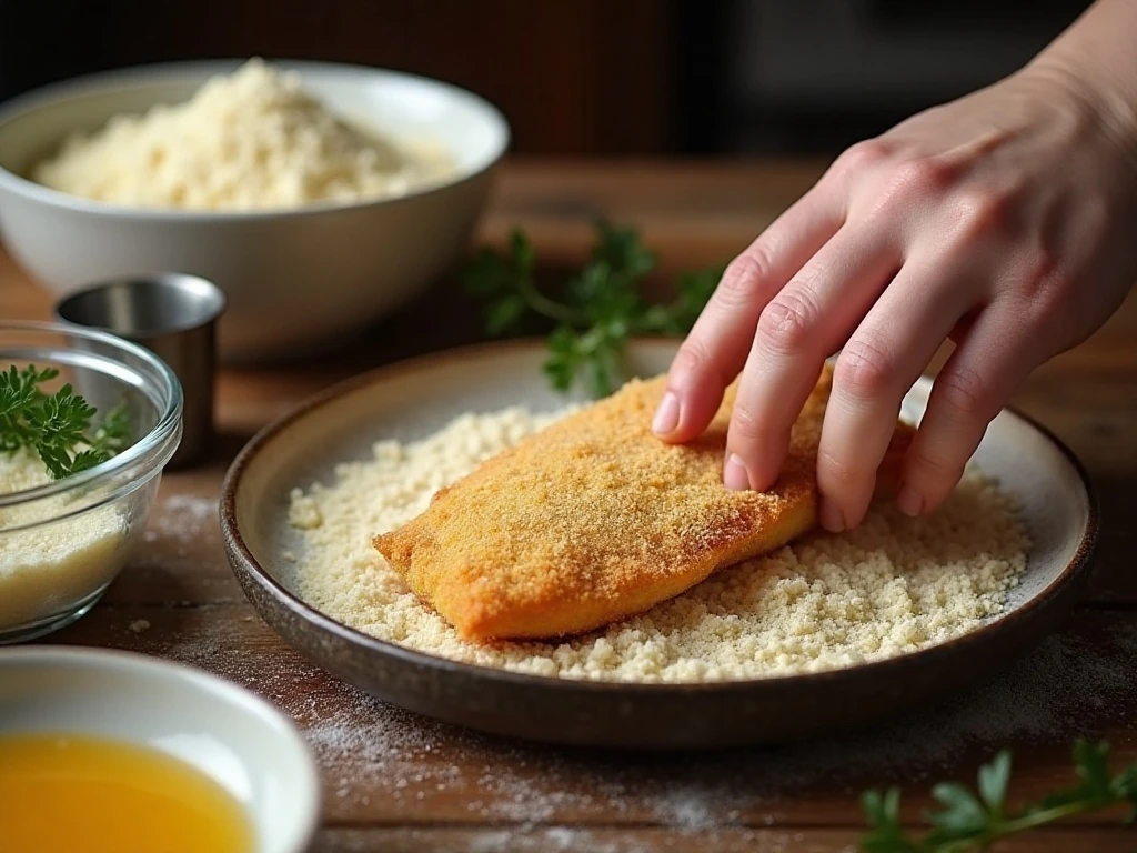 Breading chicken with panko and Parmesan for a crispy crust