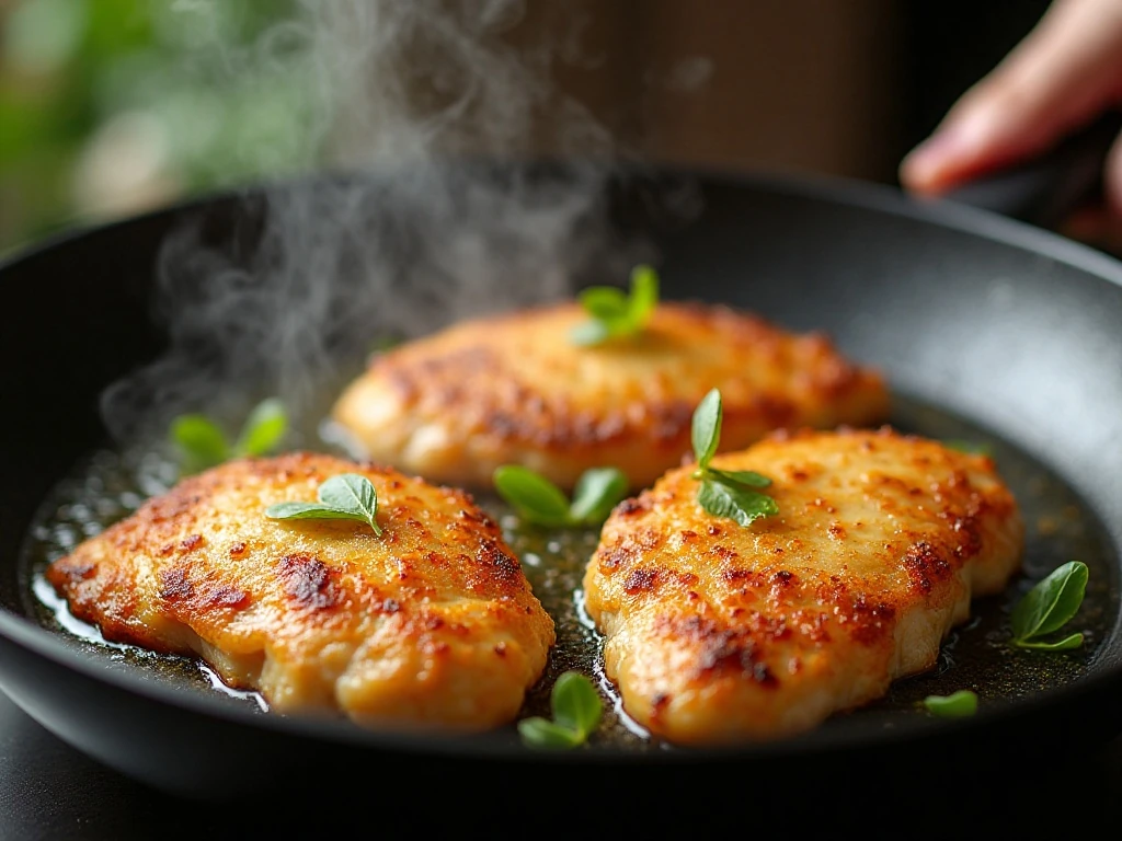 Golden Parmesan chicken cooking in a skillet