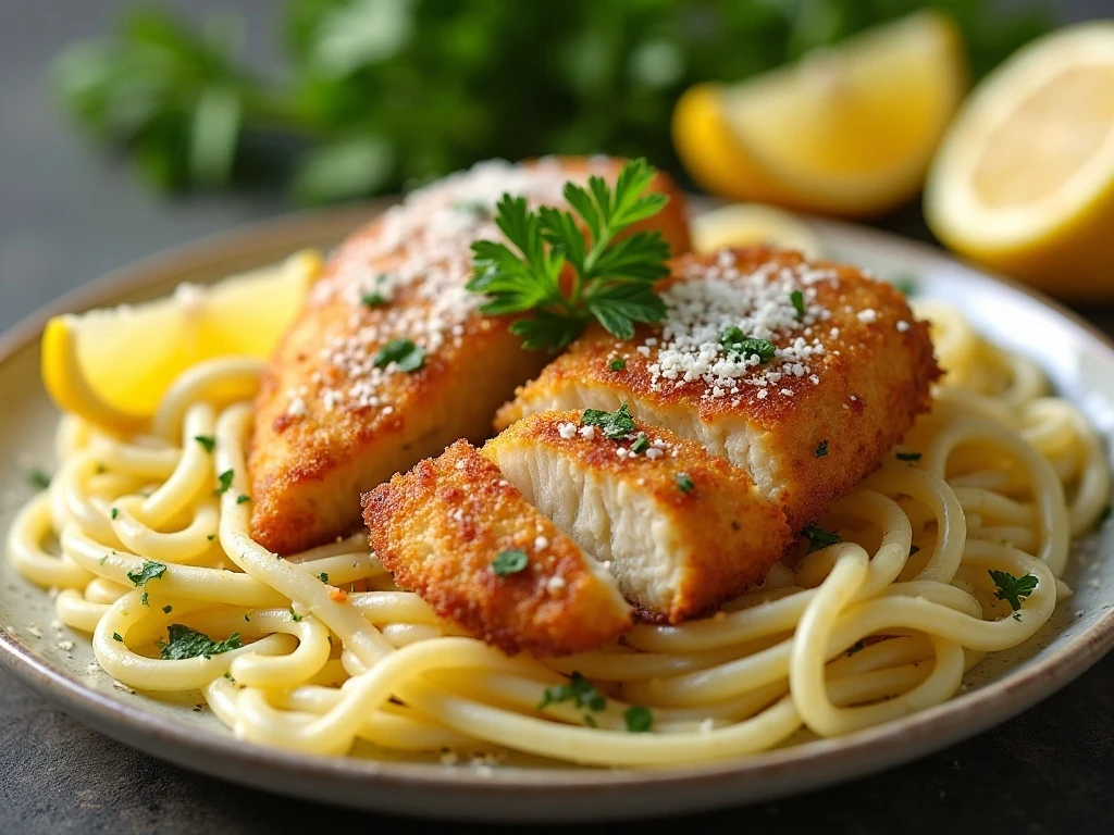 Lemon garlic pasta and Parmesan chicken finished with parsley and Parmesan