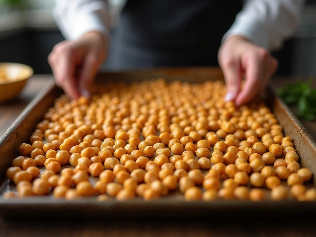 Chickpeas spaced on a baking sheet for roasting