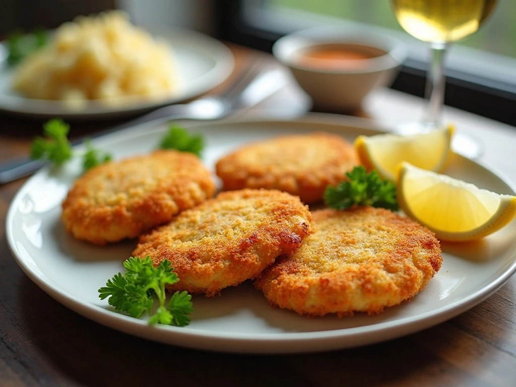 Golden crispy pork schnitzels served with lemon wedges and parsley