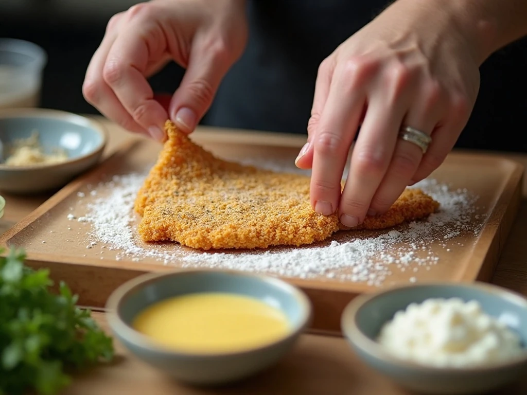 Pork cutlet being coated in seasoned panko breadcrumbs