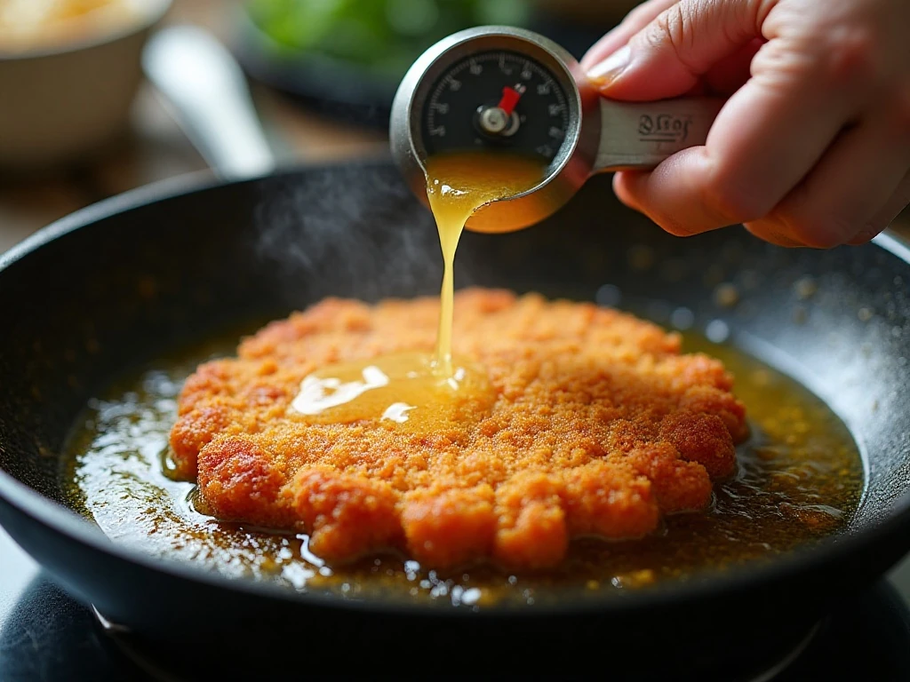 Pork schnitzel shallow-frying in hot oil for a crunchy crust