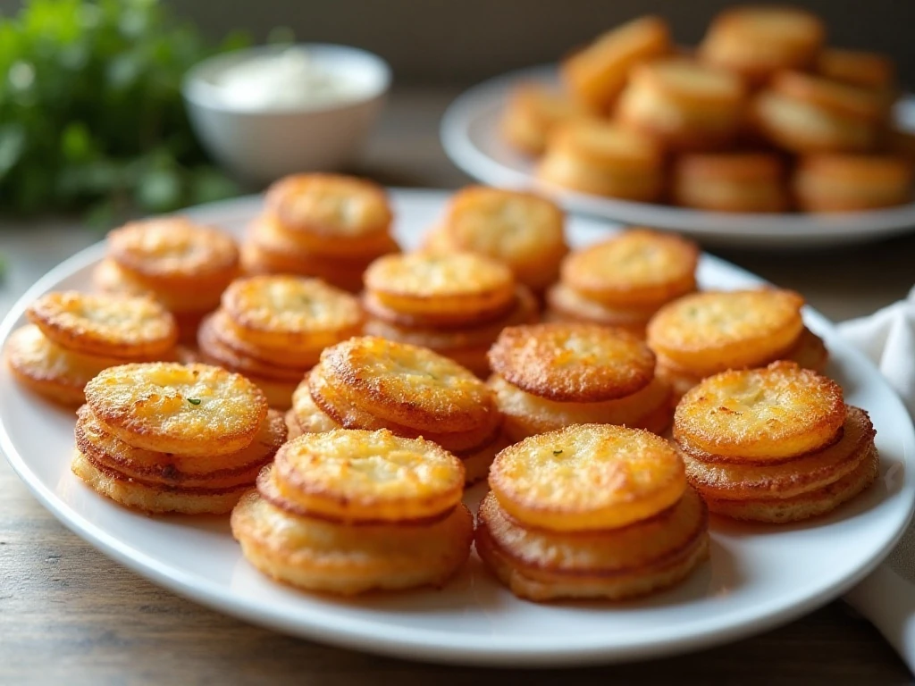 Golden crispy potato stacks arranged on a serving platter