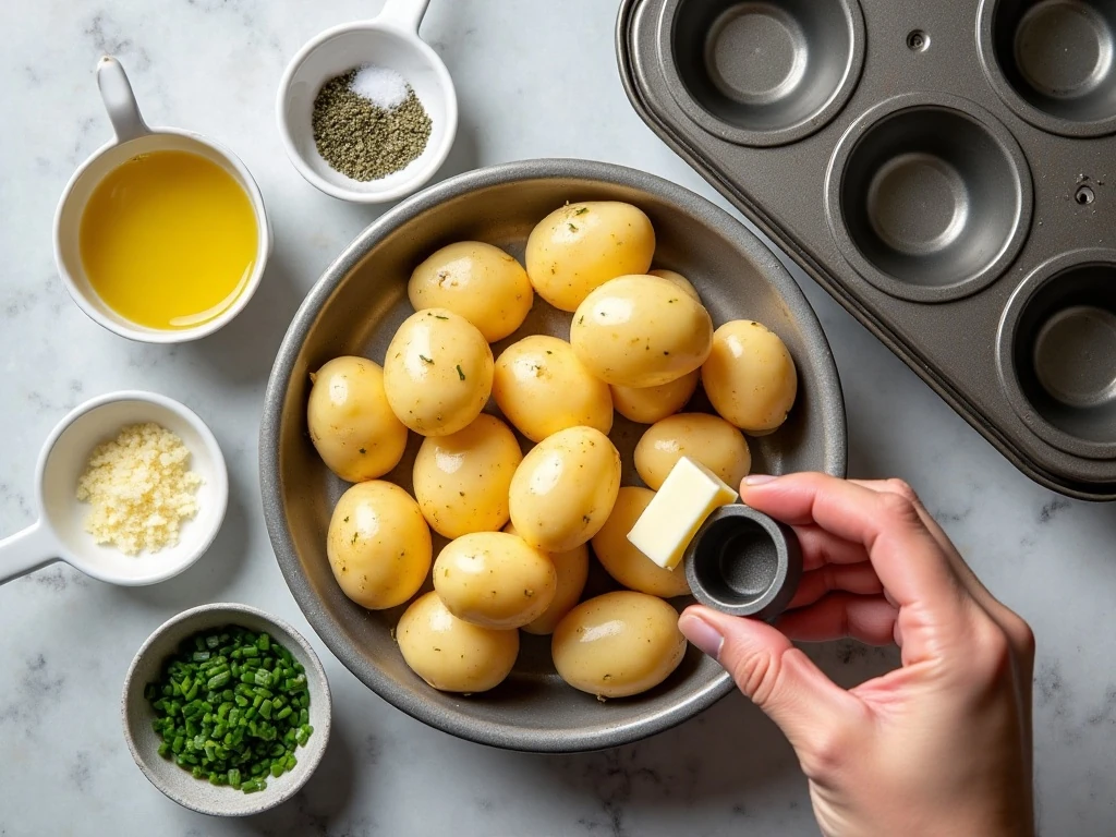 Ingredients for crispy potato stacks arranged in a flat lay