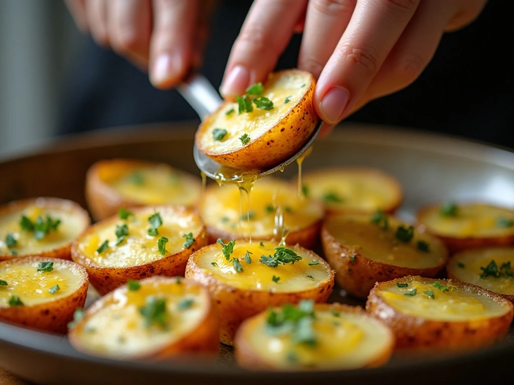 Thin potato slices coated with garlic butter and Parmesan