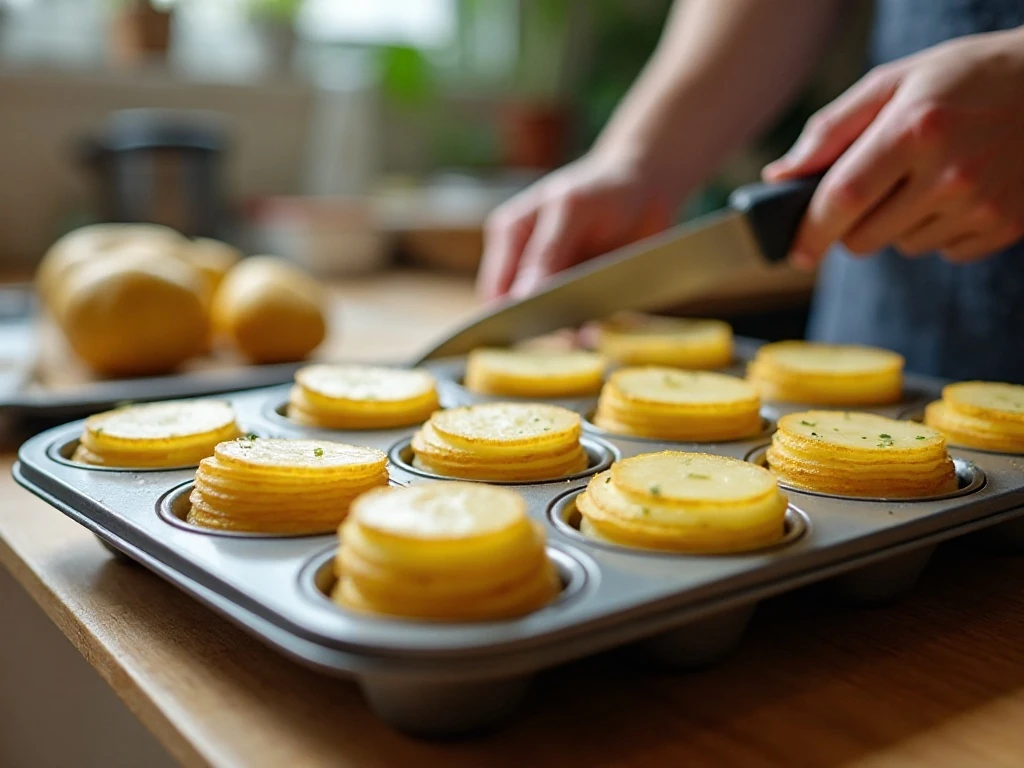 Even potato slices arranged in a muffin tin for baking