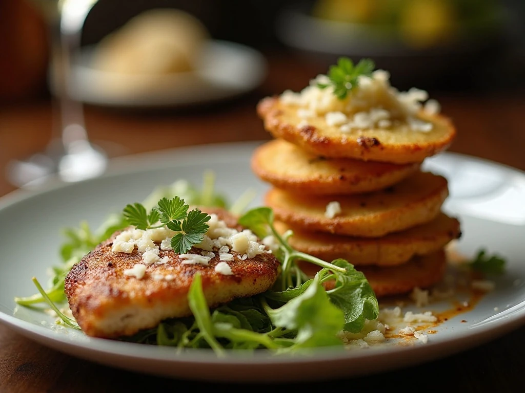 Crispy potato stacks served with chicken and salad