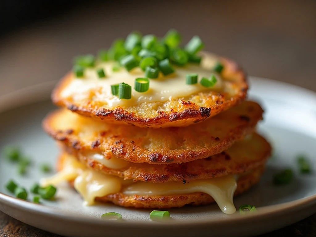 Close-up of a reheated crispy potato stack with Parmesan and chives