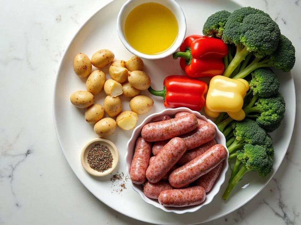 Ingredients for crispy sausage and potato sheet pan meal
