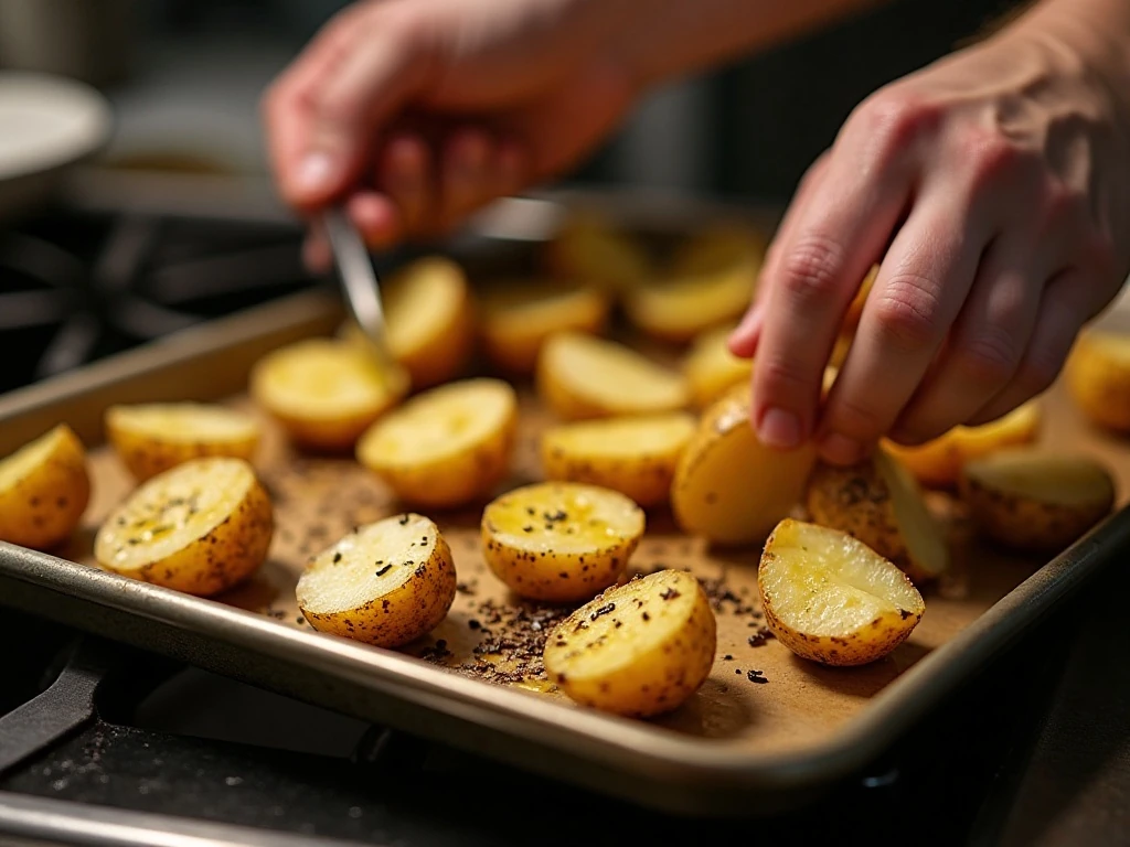 Seasoned potatoes arranged on a hot sheet pan before roasting
