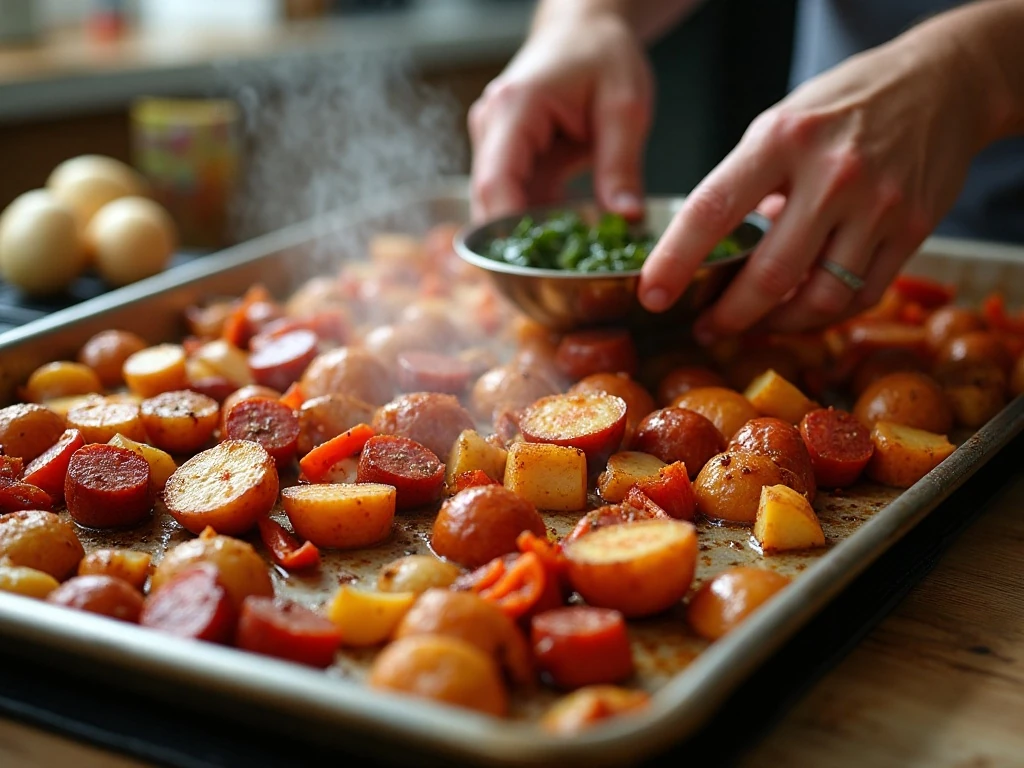 Sausage and vegetables spaced across a sheet pan for crisp roasting